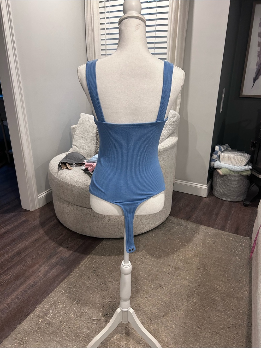 Blue Ribbed Square-Neck Bodysuit - Picture 4 of 9